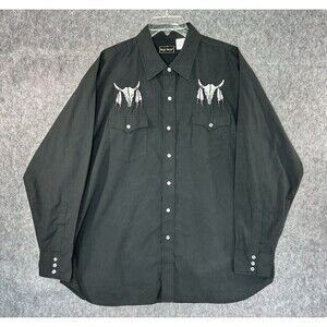 VTG High Noon Pearl Snap Western Shirt Men's XL Cow Skull Embroidered Black